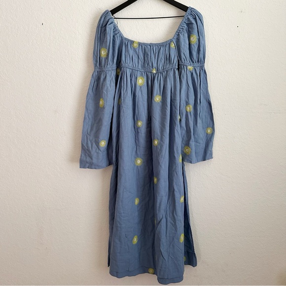 FREE PEOPLE Emory Cotton Linen Embroidered Midi Dress Puff Sleeve - Picture 4 of 6